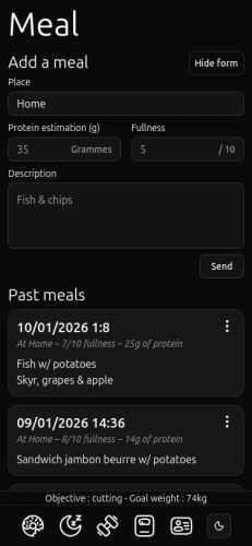 Screenshot of the meal page