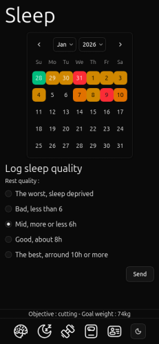 Screenshot of the sleep page